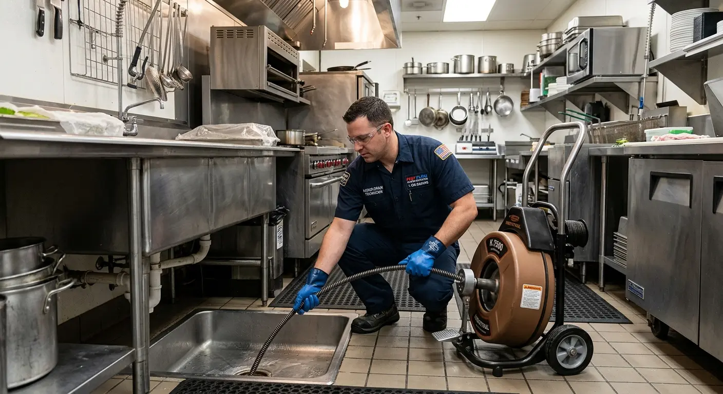 Commercial drain cleaning service in a restaurant kitchen in Briar