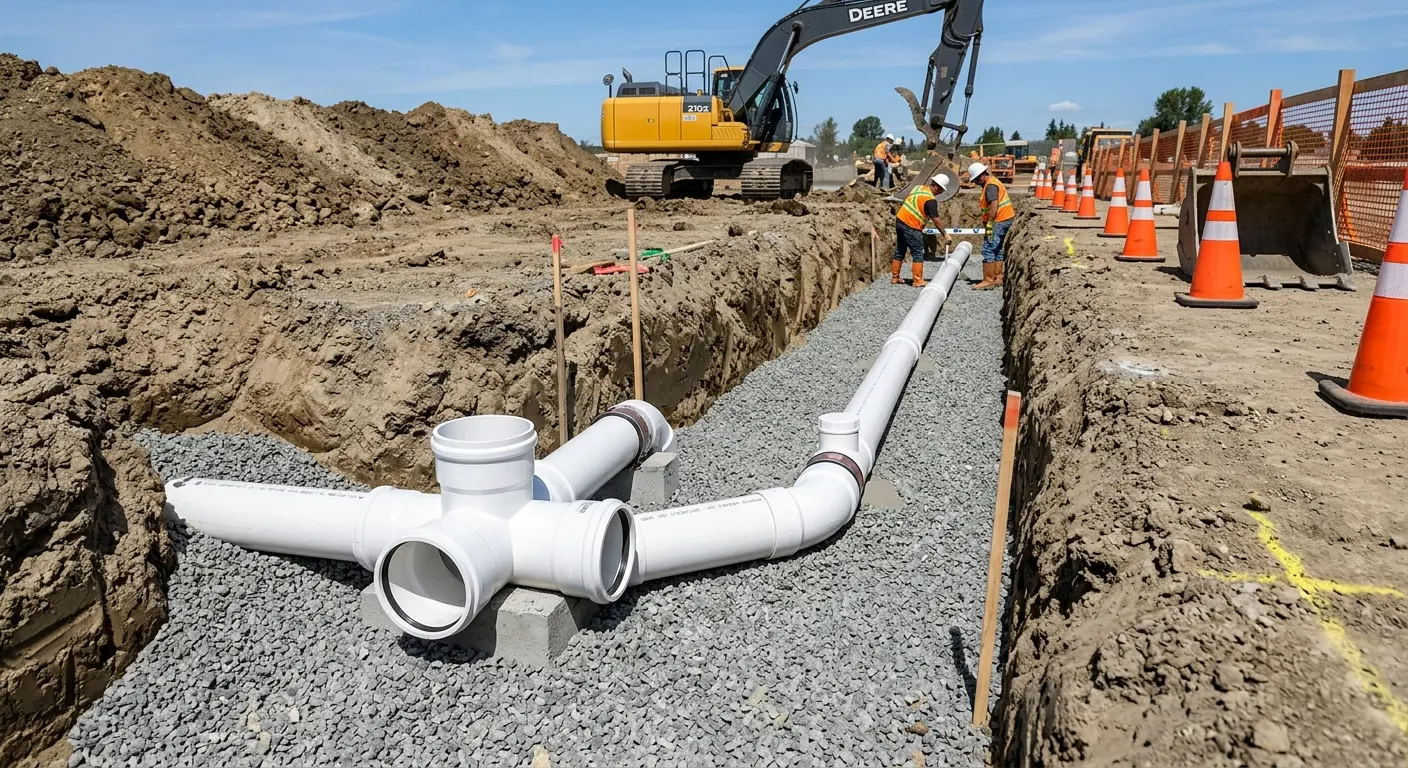 New PVC sewer pipe installation in open trench for Sewer Backup in Briar