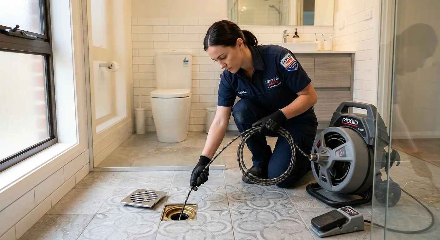 Technician clearing a bathroom floor drain for Drain Cleaning in Briar